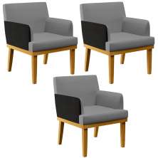 Kit 03 Poltronas Decorativas Sala de Estar Beatriz W01 Linho Cinza Escuro Couríssimo Preto - Lyam Decor