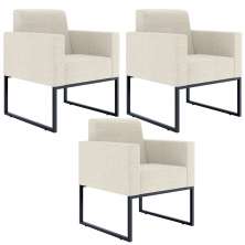 Kit 03 Poltronas Decorativas Sala e Recepção Base Fixa Metal Helô L02 Linho Champagne - Lyam Decor