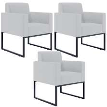 Kit 03 Poltronas Decorativas para Sala Recepção Base Fixa De Metal Helô L02 Linho Cinza - Lyam Decor