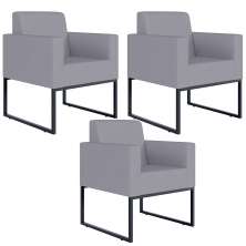Kit 03 Poltronas Decorativas para Sala Recepção Base Fixa De Metal Helô L02 Suede Cinza - Lyam Decor