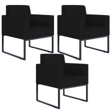 Kit 03 Poltronas Decorativas para Sala Recepção Base Fixa De Metal Helô L02 Suede Preto - Lyam Decor