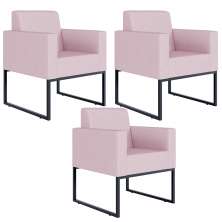 Kit 03 Poltronas Decorativas para Sala Recepção Base Fixa De Metal Helô L02 Suede Rosê - Lyam Decor
