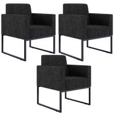 Kit 03 Poltronas Decorativas para Sala Recepção Base Fixa Metal Helô L02 Linho Chumbo - Lyam Decor