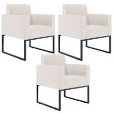 Kit 03 Poltronas Decorativas para Sala e Recepção Base Fixa De Metal Helô L02 Linho Cru - Lyam Decor