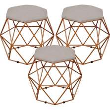 Kit 03 Puffs Decorativo Aramado Bronze Six L02 Linho Bege - Lyam Decor