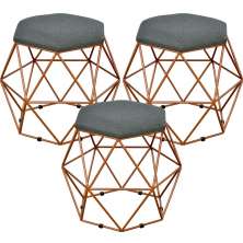 Kit 03 Puffs Decorativo Aramado Bronze Six L02 Linho Chumbo - Lyam Decor