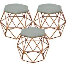 Kit 03 Puffs Decorativo Aramado Bronze Six L02 Linho Cinza Escuro - Lyam Decor