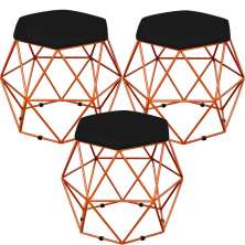 Kit 03 Puffs Decorativo Aramado Bronze Six L02 Suede Preto - Lyam Decor