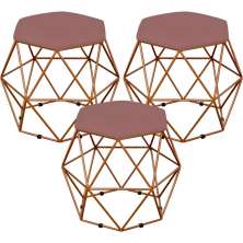Kit 03 Puffs Decorativo Aramado Bronze Six L02 Suede Rosê - Lyam Decor