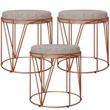 Kit 03 Puffs Decorativo Aramado Bronze Zaya L02 Linho Bege - Lyam Decor
