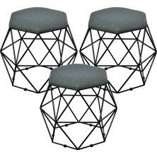 Kit 03 Puffs Decorativo Aramado Preto Six L02 Linho Chumbo - Lyam Decor