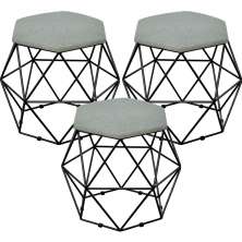 Kit 03 Puffs Decorativo Aramado Preto Six L02 Linho Cinza Escuro - Lyam Decor