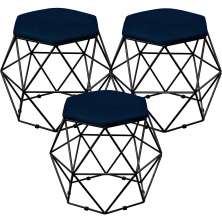 Kit 03 Puffs Decorativo Aramado Preto Six L02 Suede Azul Marinho - Lyam Decor