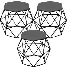 Kit 03 Puffs Decorativo Aramado Preto Six L02 Suede Cinza - Lyam Decor