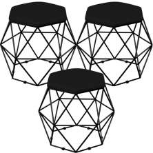Kit 03 Puffs Decorativo Aramado Preto Six L02 Suede Preto - Lyam Decor
