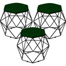 Kit 03 Puffs Decorativo Aramado Preto Six L02 Suede Verde Musgo - Lyam Decor