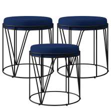 Kit 03 Puffs Decorativo Aramado Preto Zaya L02 Suede Azul Marinho - Lyam Decor
