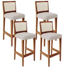 Kit 04 Banquetas Alta Para Cozinha Encosto em Tela Branco Zion L02 Linho Cru - Lyam Decor