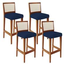 Kit 04 Banquetas Alta Para Cozinha Encosto em Tela Branco Zion L02 Suede Azul Marinho - Lyam Decor