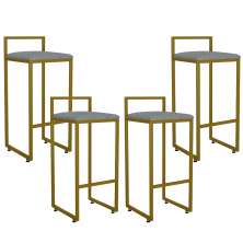 Kit 04 Banquetas Alta Para Cozinha Sala De Jantar Hanna L02 Dourado Linho Cinza Escuro - Lyam Decor
