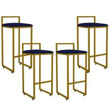 Kit 04 Banquetas Alta Para Cozinha Sala De Jantar Hanna L02 Dourado Suede Azul Marinho - Lyam Decor