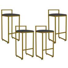 Kit 04 Banquetas Altas Para Cozinha Sala De Jantar Hanna L02 Dourado Linho Chumbo - Lyam Decor