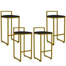Kit 04 Banquetas Altas Para Cozinha Sala De Jantar Hanna L02 Dourado Suede Preto - Lyam Decor