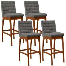 Kit 04 Banquetas Altas Para Cozinha Sala de Jantar Fixa Mila B04 Linho Cinza Escuro - Lyam Decor