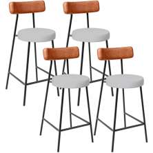 Kit 04 Banquetas Baixa Bar Cozinha Sala Jantar Milão L02 Couríssimo Camel Linho Cinza  - Lyam Decor