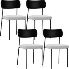 Kit 04 Cadeiras Estofadas Para Sala De Jantar Melina L02 Couríssimo Preto Bouclê Cinza - Lyam Decor