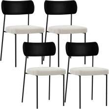 Kit 04 Cadeiras Estofadas Para Sala De Jantar Melina L02 Couríssimo Preto Bouclê Creme - Lyam Decor