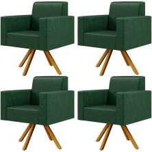 Kit 04 Poltronas Decorativa Base Giratória de Madeira Helô L02 Facto Verde Musgo - Lyam Decor