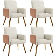 Kit 04 Poltronas Decorativa Maria W01 Pés Palito Linho Champagne Couríssimo Camel - Lyam Decor