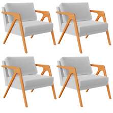 Kit 04 Poltronas Decorativa Para Sala Estar Pietra Estrutura De Madeira L02 Linho Cinza - Lyam Decor