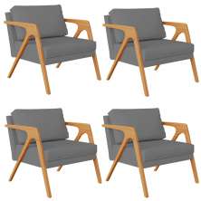 Kit 04 Poltronas Decorativa Para Sala Estar Pietra Estrutura De Madeira L02 Suede Cinza - Lyam Decor