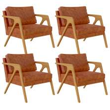 Kit 04 Poltronas Decorativa Para Sala Pietra Estrutura De Madeira L02 Couríssimo Camel - Lyam Decor