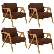 Kit 04 Poltronas Decorativa Sala Estar Pietra Com Estrutura Madeira L02 Couríssimo Marrom-Lyam Decor