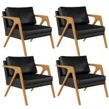 Kit 04 Poltronas Decorativa Sala Pietra Estrutura Madeira L02 Couríssimo Preto Brilho - Lyam Decor