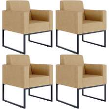Kit 04 Poltronas Decorativa Sala Recepção Base Fixa De Metal Helô L02 Linho Bege Escuro - Lyam Decor