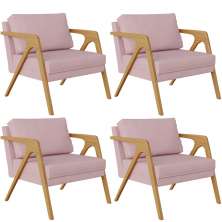 Kit 04 Poltronas Decorativas Para Sala Estar Pietra Estrutura De Madeira L02 Suede Rosê - Lyam Decor