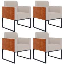 Kit 04 Poltronas Decorativas Sala Base Fixa Metal Helô L02 Linho Bege Couríssimo Camel - Lyam Decor