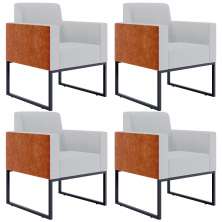 Kit 04 Poltronas Decorativas Sala Base fixa Metal Helô L02 Linho Cinza Couríssimo Camel - Lyam Decor