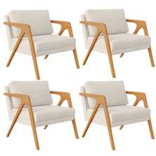 Kit 04 Poltronas Decorativas Sala Estar Pietra Estrutura De Madeira L02 Linho Champagne - Lyam Decor