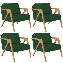 Kit 04 Poltronas Decorativas Sala Pietra Estrutura De Madeira L02 Suede Verde Musgo - Lyam Decor