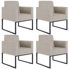 Kit 04 Poltronas Decorativas para Sala Recepção Base Fixa De Metal Helô L02 Linho Bege - Lyam Decor