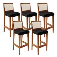 Kit 05 Banquetas Alta Para Cozinha Encosto Tela Branco Zion L02 Facto Preto Metalizado - Lyam Decor