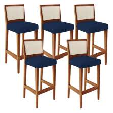 Kit 05 Banquetas Alta Para Cozinha Encosto em Tela Branco Zion L02 Suede Azul Marinho -Lyam Decor