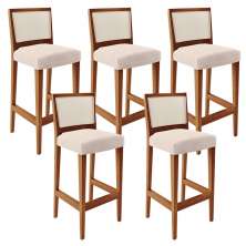 Kit 05 Banquetas Alta Para Cozinha Encosto em Tela Branco Zion L02 Suede Bege - Lyam Decor