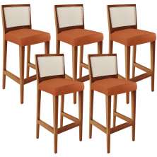 Kit 05 Banquetas Alta Para Cozinha Encosto em Tela Branco Zion L02 Tecido Terracota - Lyam Decor