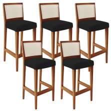 Kit 05 Banquetas Altas Cozinha Sala De Jantar Encosto Tela Branco Zion L02 Facto Preto - Lyam Decor